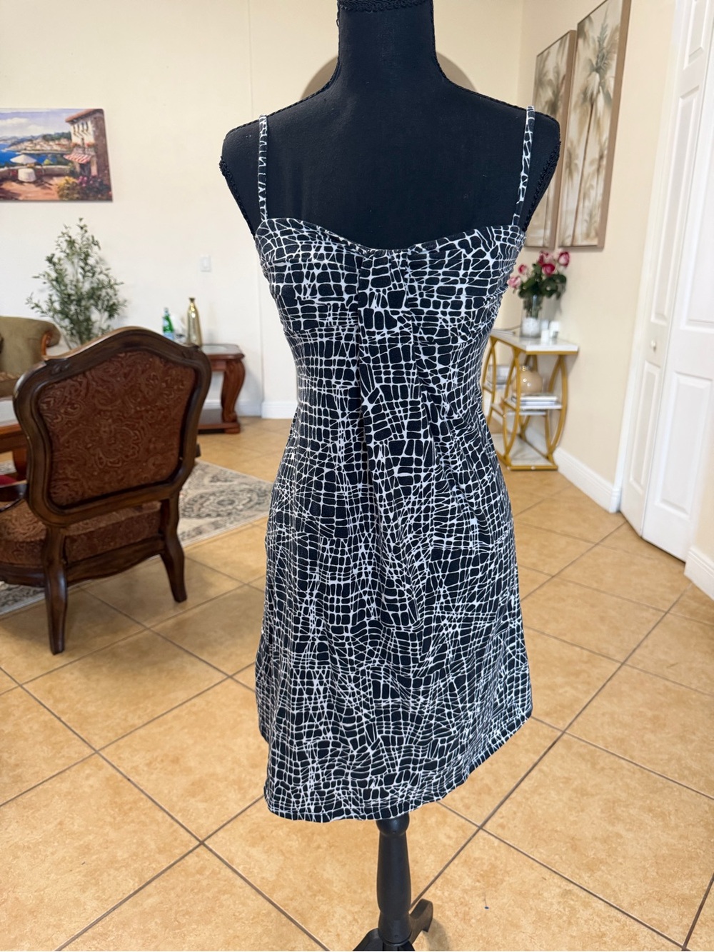 Ann Taylor Black & White Patterned Spaghetti Strap Dress
